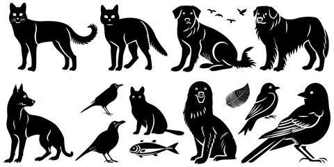 Dynamic animal silhouettes wildlife art graphics black and white creative design various species