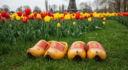 Naklejka premium Wooden shoes adorned with colorful tulips in a vibrant garden, showcasing springtime beauty, copy space