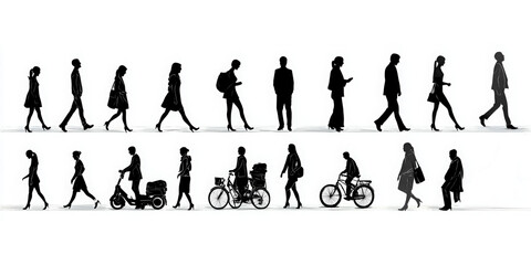 Urban movement people walking and cycling in a modern cityscape silhouette art dynamic environment high-contrast perspective