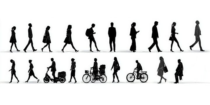 Urban movement people walking and cycling in a modern cityscape silhouette art dynamic environment high-contrast perspective