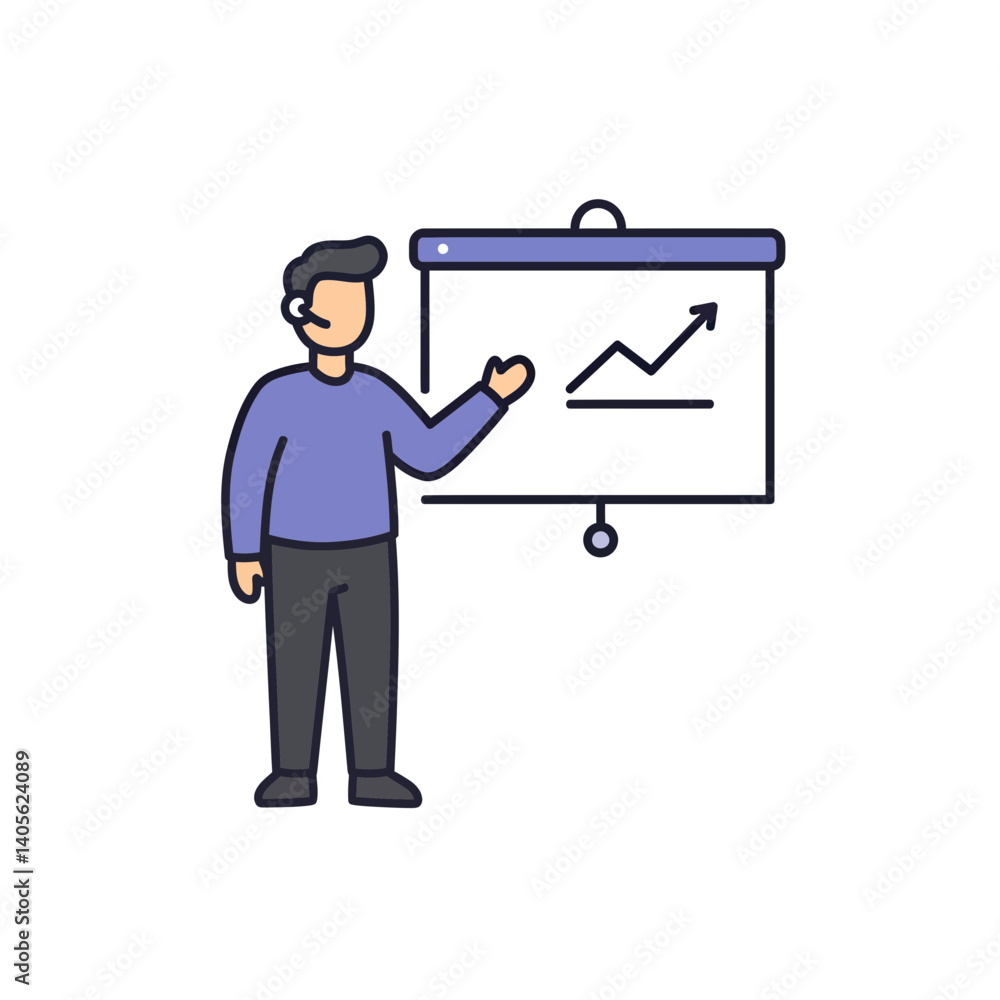 Poster business presentation: a stylized illustration of a man giving a business presentation using a proje