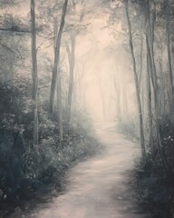 Obraz premium Timelessness Misty forest path through dense trees.