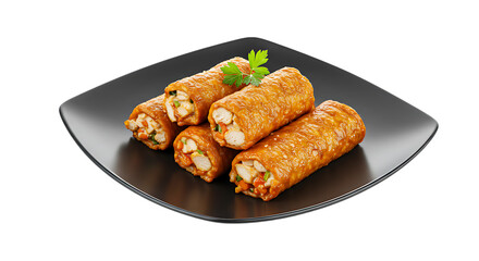 Fresh crispy fried spring rolls placed neatly on a black plate garnished with a parsley leaf looking crunchy, golden, and perfect for a delicious snack or appetizer.