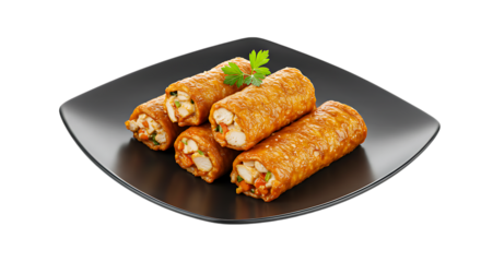 Fresh crispy fried spring rolls placed neatly on a black plate garnished with a parsley leaf looking crunchy, golden, and perfect for a delicious snack or appetizer.