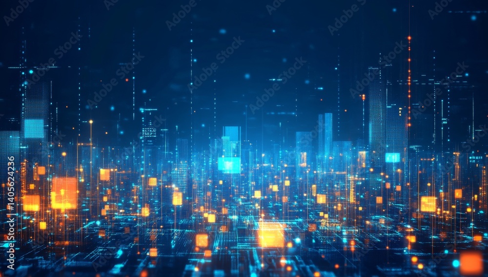 Poster futuristic digital cityscape. a vibrant, abstract representation of a networked city, with glowing l