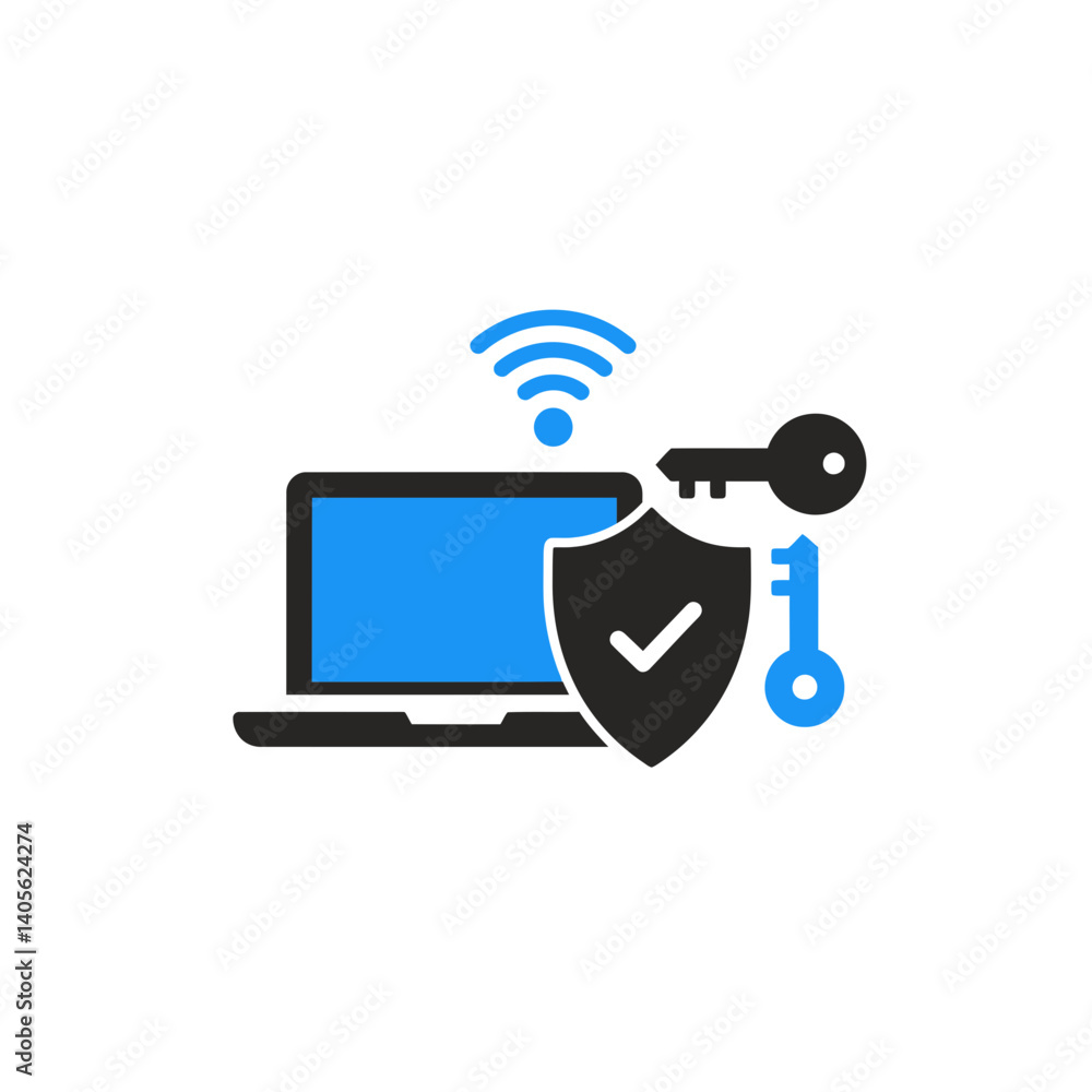 Poster secure digital fortress: digital illustration featuring a laptop with a wifi signal, a secure shield