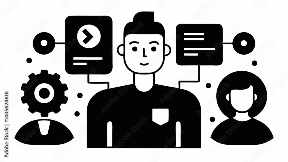 Poster futuristic vector illustration set featuring diverse characters working with ai showcasing innovatio