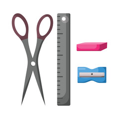 Vector illustration set of ruler, stationery scissors, eraser and pencil sharpener. Elements of tools for the artist.