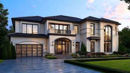 Fototapeta premium Contemporary luxury house with wide garden at sunset high resolution picture