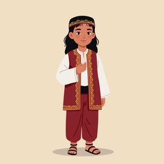 Young boy in traditional attire with intricate patterns, standing confidently in a minimal, flat vector illustration