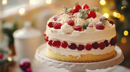 A beautifully decorated cake with white frosting and various berries