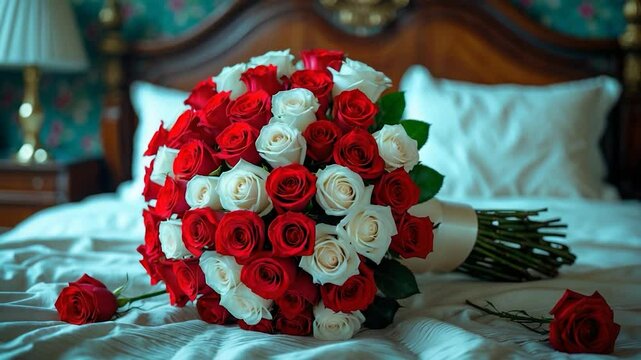 A big arrangement of the bride's red and white roses on the bed