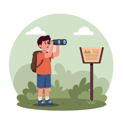 A young boy exploring nature with binoculars while wearing a backpack in a flat vector art style, showcasing curiosity and outdoor adventure.