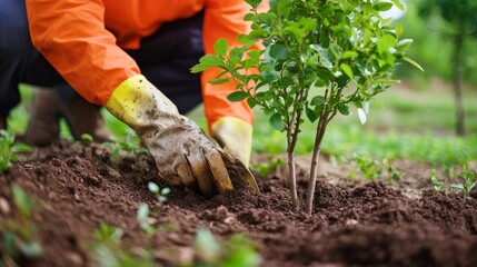 Naklejka premium Landscaping worker planting trees around a construction site. Featuring care and environmental consciousness