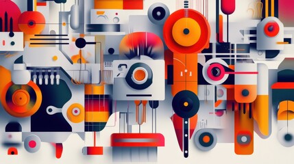 Obraz premium A modern abstract composition of layered robotic components and intelligent automation, forming a futuristic factory vision