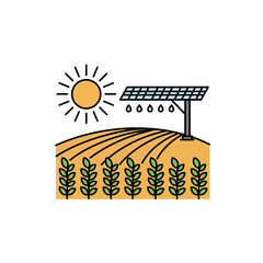 Solar Irrigation: A vibrant illustration depicts the innovative synergy of renewable energy and sustainable agriculture. A solar panel powers a modern irrigation system.