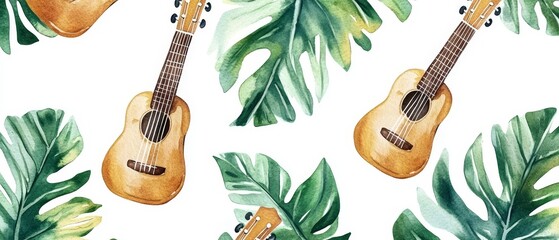A watercolor painting of a guitar with leaves in the background