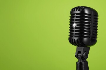 A vintage black microphone stands out against a vibrant green background, isolated