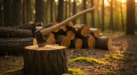 A forest setting with a focus on a tree stump in the foreground. A hand axe is stuck in the stump, with the handle resting on the top.