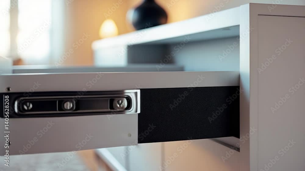 Poster a detailed look at the open drawer of a console table highlighting the metal sliding mechanism.