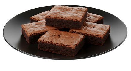 Chocolate brownies stacked neatly on a black plate placed on a white background looking soft, rich, and perfect for a delicious dessert or sweet snack anytime.