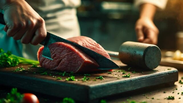 A meat cleaver and a mallet for tenderizing in culinary preparation