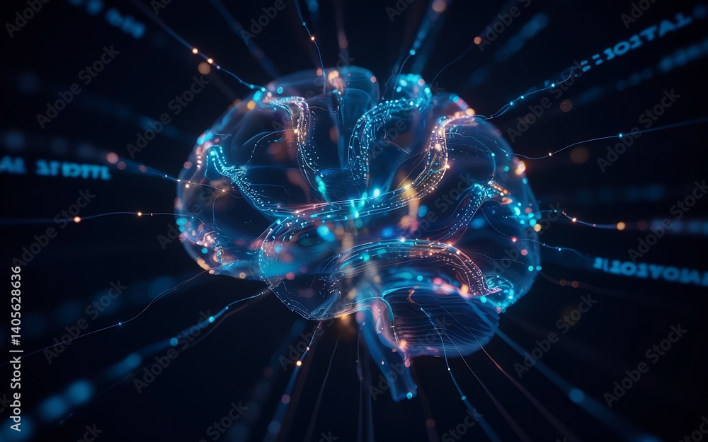 Poster digital illustration of a glowing brain, highlighting neural networks and data streams