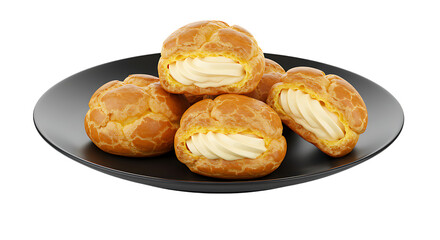 Freshly baked cream puffs placed on a black plate looking golden, fluffy, and creamy, perfect for a light dessert or sweet treat during special occasions.