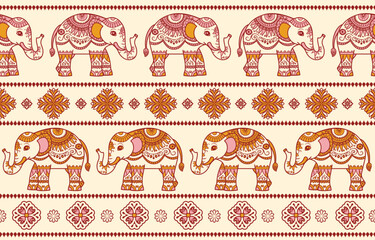 Seamless Pattern Tribal Ethnic indian Elephant pattern,Thai elephant, paisley and hamsa. Ethnic indian elephant background Hand drawn illustration. Wallpaper, cloth design, fabric, tissue, carpet