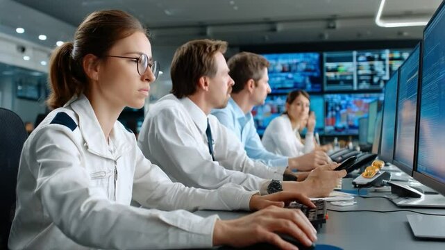 Command Center: In a high-tech control room, a dedicated team monitors complex systems with focused concentration, underscored by a professional atmosphere