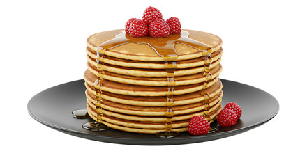 Stack of pancakes topped with fresh raspberries placed neatly on a black plate looking fluffy, golden, and sweet, perfect for a delicious breakfast or brunch treat.