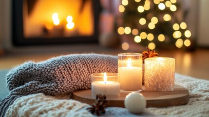 Warm cozy candles and blankets create inviting home atmosphere