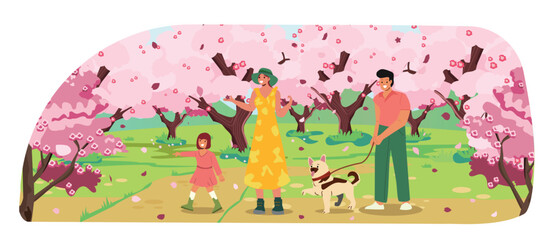 Spring Walk under cherry blossom tree, dog walking, family walking on a sunny spring day with cherry blossoms in full bloom. cartoon people illustration, isolated on white background. 