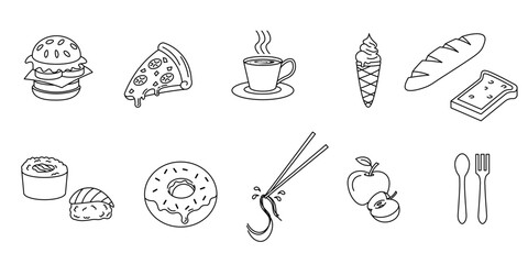 set of line style food themes, such as burger, pizza, coffee, ice cream, bread, toast, sushi, donut, noodles with chopsticks, apple, and cutlery. Editable strokes