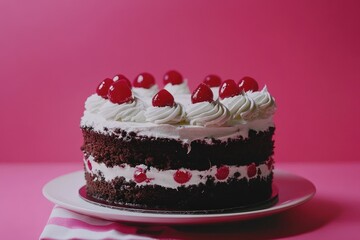 Festive black forest cake on a pink backdrop.
