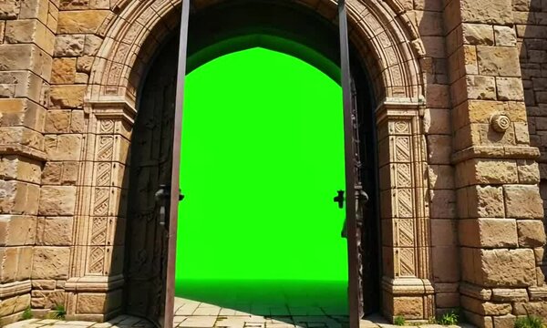 castle gate open showing green screen