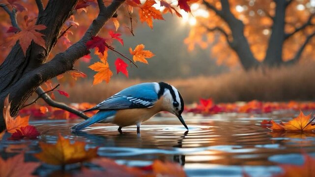 A lovely nuthatch drinks from a pond. Autumn landscape with a songbird. Wildlife image from the autumn forest.