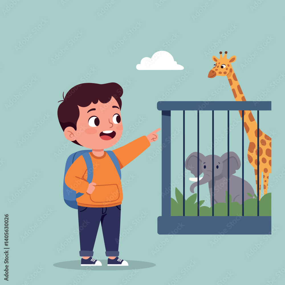 Poster a cheerful boy pointing at a giraffe and elephant in a zoo enclosure, flat vector illustration depic