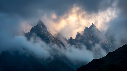 A dramatic scene of jagged peaks emerging through low-hanging clouds with a soft glow from the setting sun