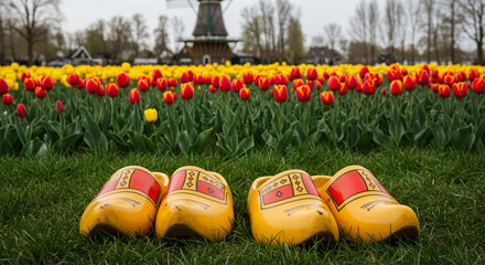 Wooden shoes displayed in front of vibrant tulip fields with a windmill, springtime scene, copy space