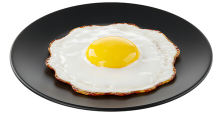 Fresh fried egg cooked sunny side up placed neatly on a black plate looking hot, delicious, and perfect for breakfast or as a side dish for any meal.