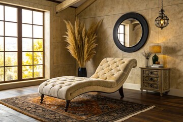 Rustic style interior with elegant chaise lounge, mirror, pampas grass and vintage decor
