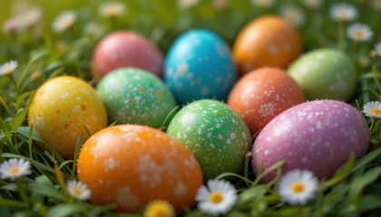 Obraz premium Colorful Eggs Nestled in Grass with Flowers, Easter Celebration, Outdoor, Close-up, Vibrant Environment, Nature's Beauty