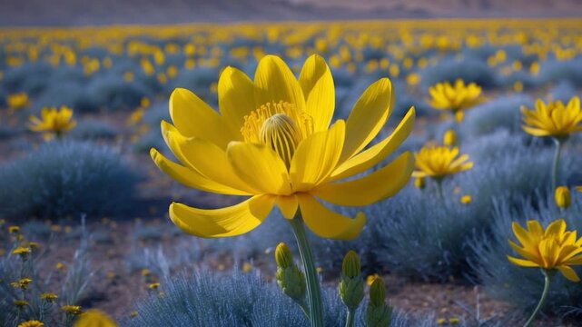 A big yellow adonis flower blossoms in the steppe.