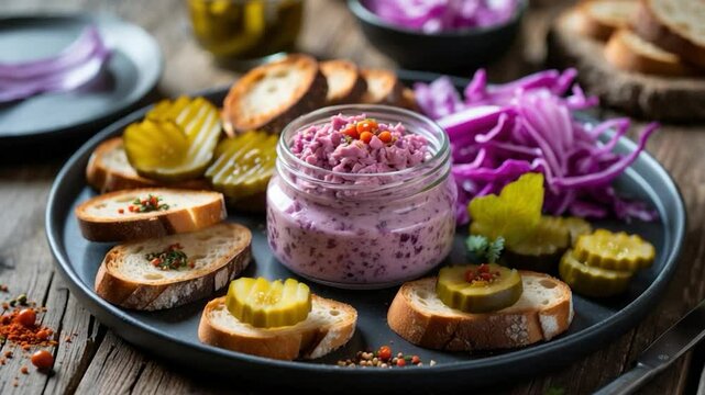 A charming spread including a jar of pate, accompanied by toasted bread slices, pickles, and pickled onions. Adorned with vibrant spices, ideal for an upscale dining experience.