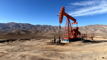 A powerful oil pump jack operating in a remote desert landscape, silhouetted against a deep blue sky, with copy space