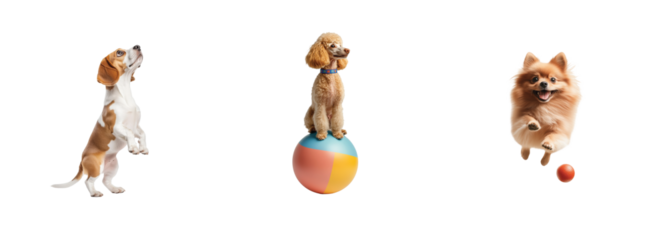 Various cute dogs performing tricks with balls and playing happily on a white background