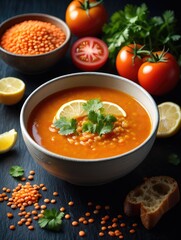 Warm lentil soup with fresh ingredients and garnishes on a wooden table