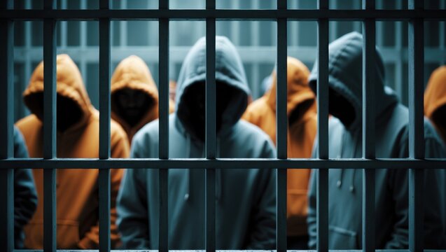 Hooded figures behind prison bars