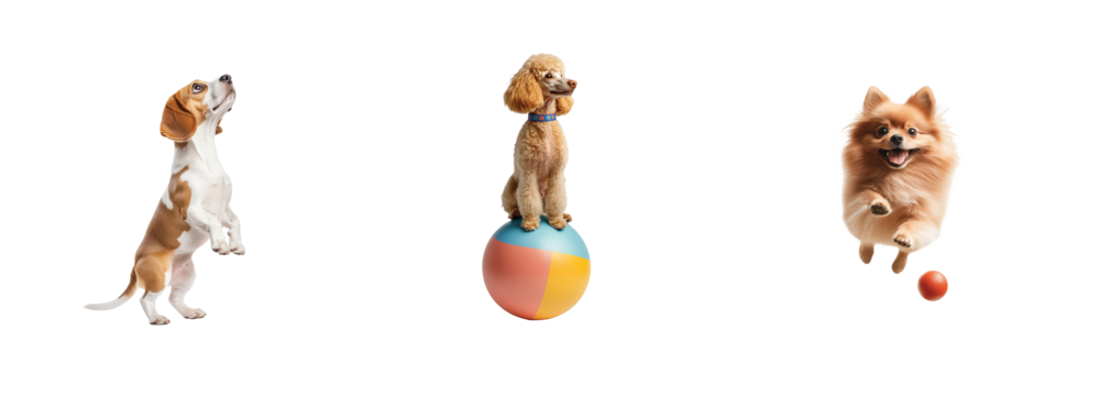 Various cute dogs performing tricks with balls and playing happily on a white background